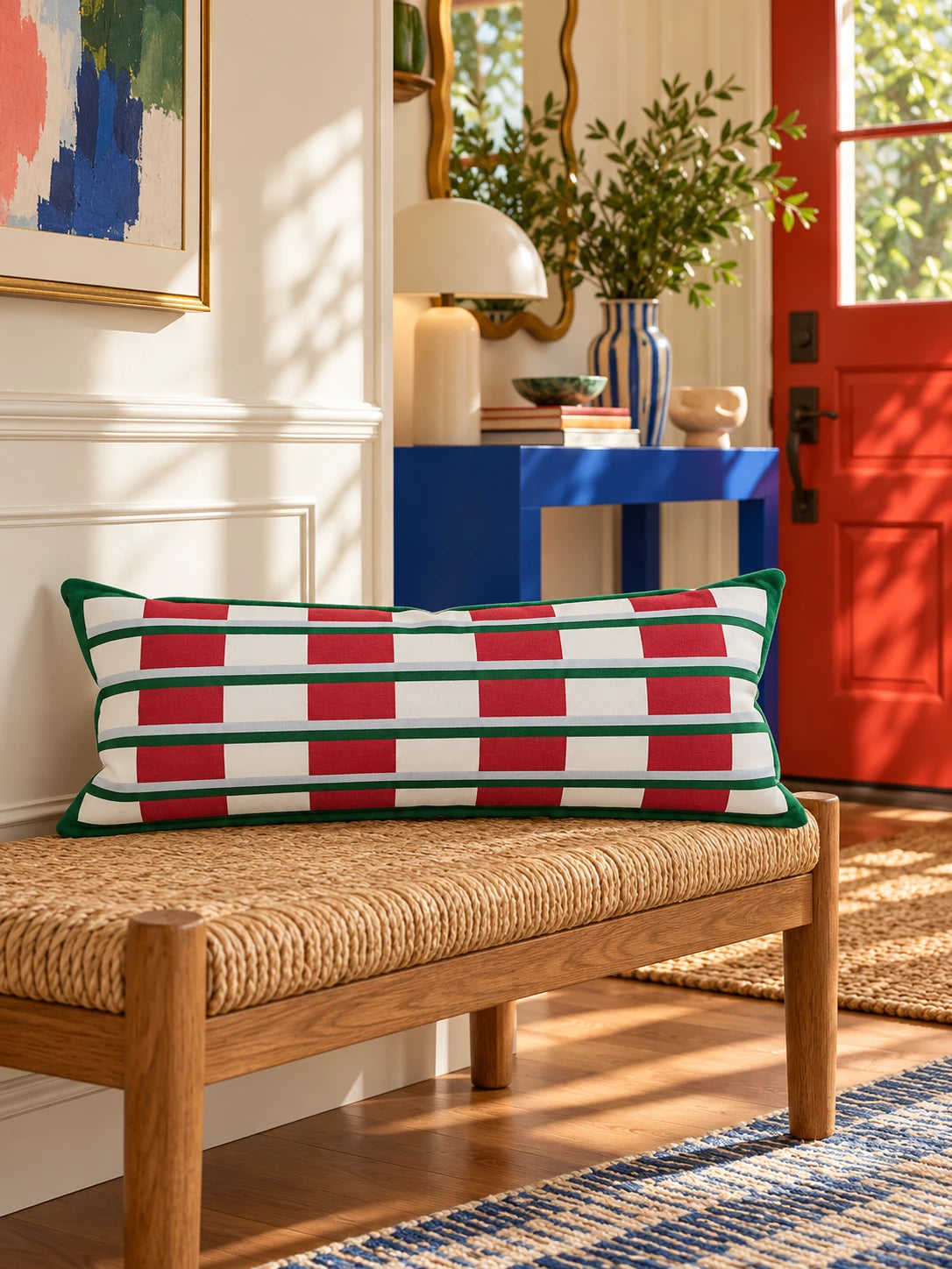 Red block and green stripe lumbar pillow on a rush-seat wooden bench by an orange door