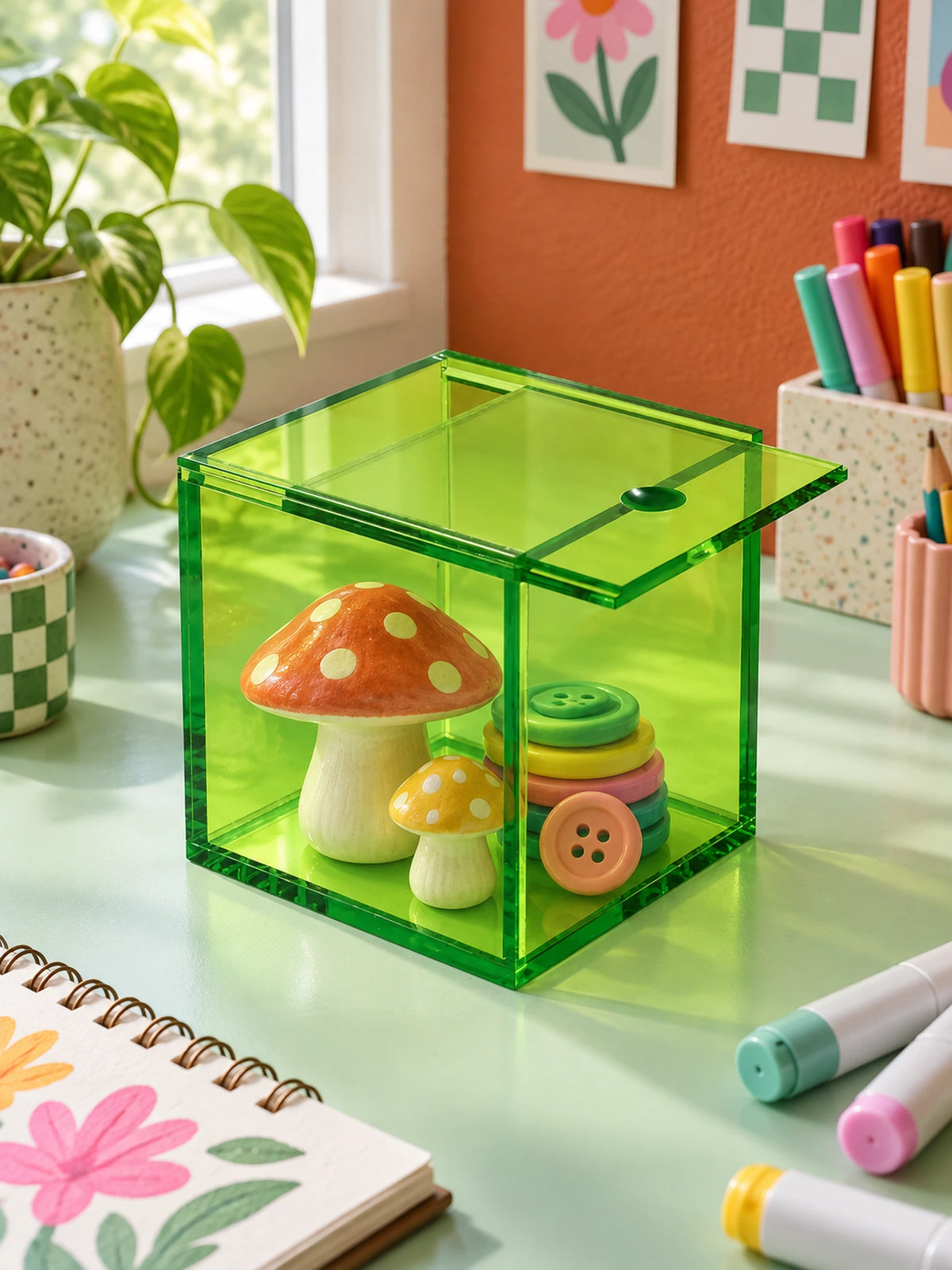 green acrylic box holding mushroom figurines and buttons on a craft desk