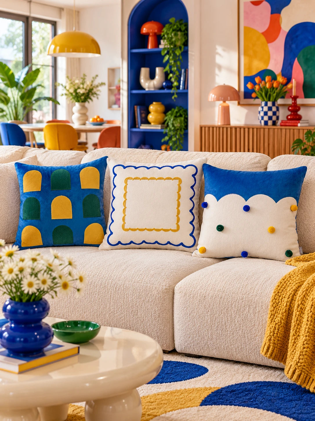 Window, scallop and cloud-edge throw pillows lined up on a cream sofa with a mustard throw and blue shelving