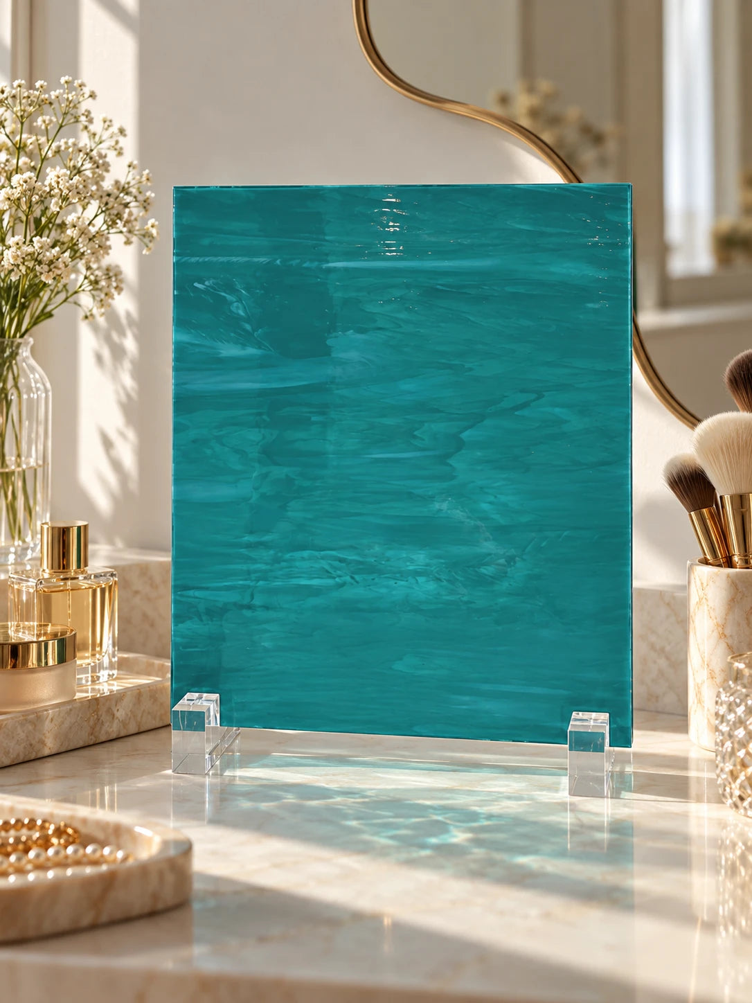teal wisp glass sheet on a vanity with makeup brushes and gold accents