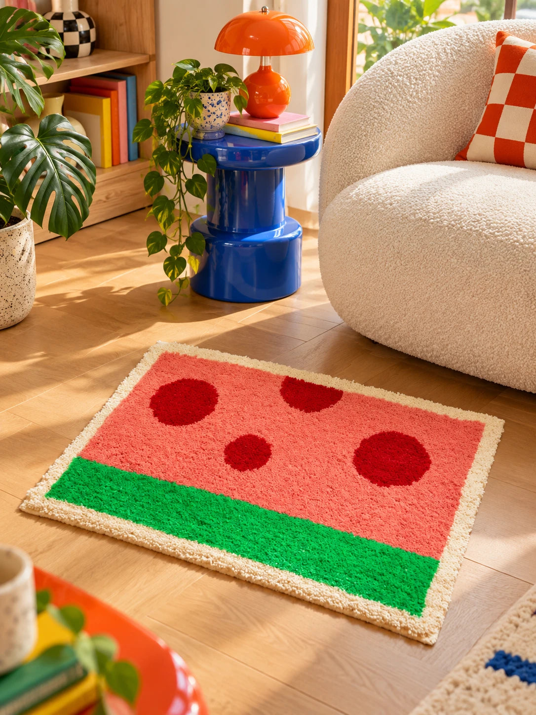 
watermelon flocked mat on wood floor beside a boucle armchair and blue side table