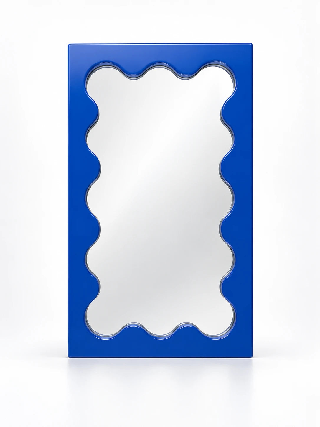 
Cobalt blue solid wood vanity mirror with wavy scalloped inner frame