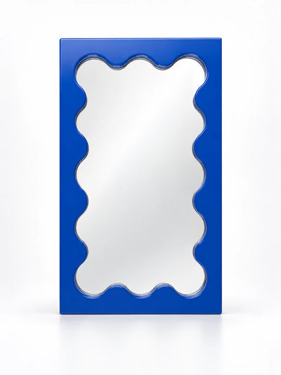 Cobalt blue solid wood vanity mirror with wavy scalloped inner frame