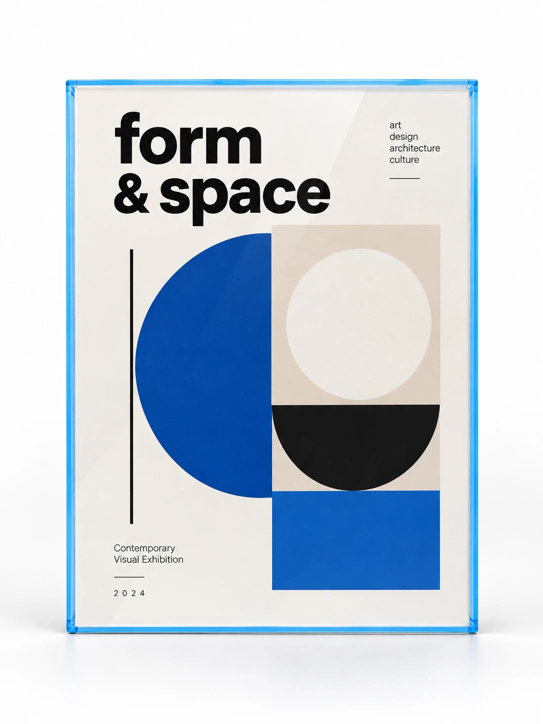 
light blue tinted acrylic poster frame with abstract exhibition print, studio view