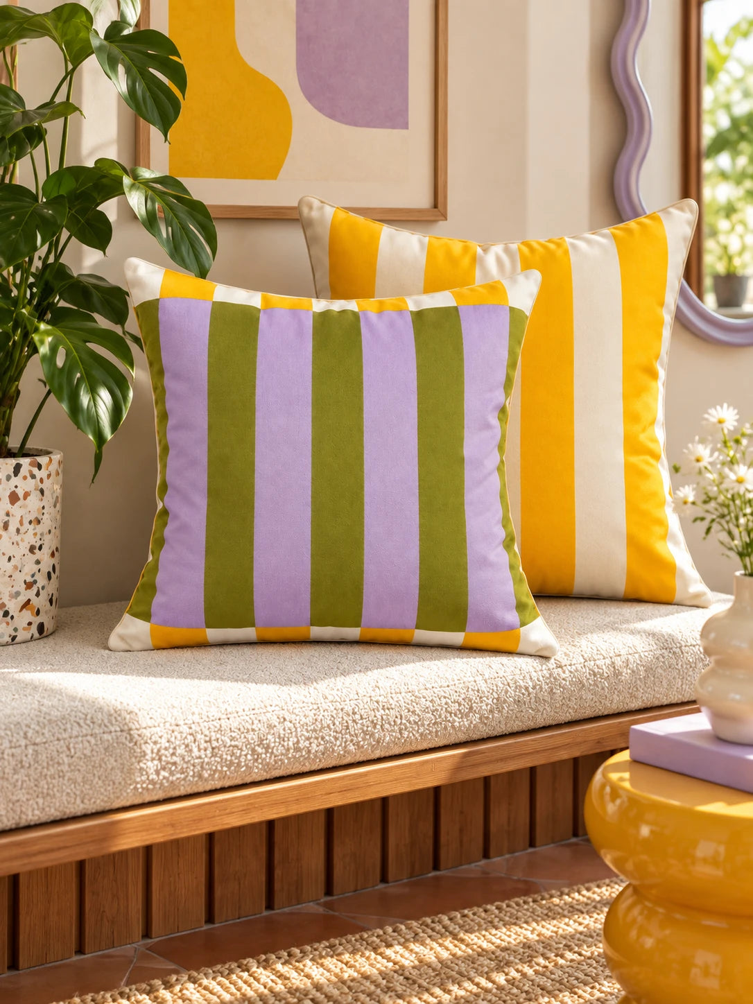 Olive and lilac cabana stripe pillow with yellow pillow on a window-seat bench