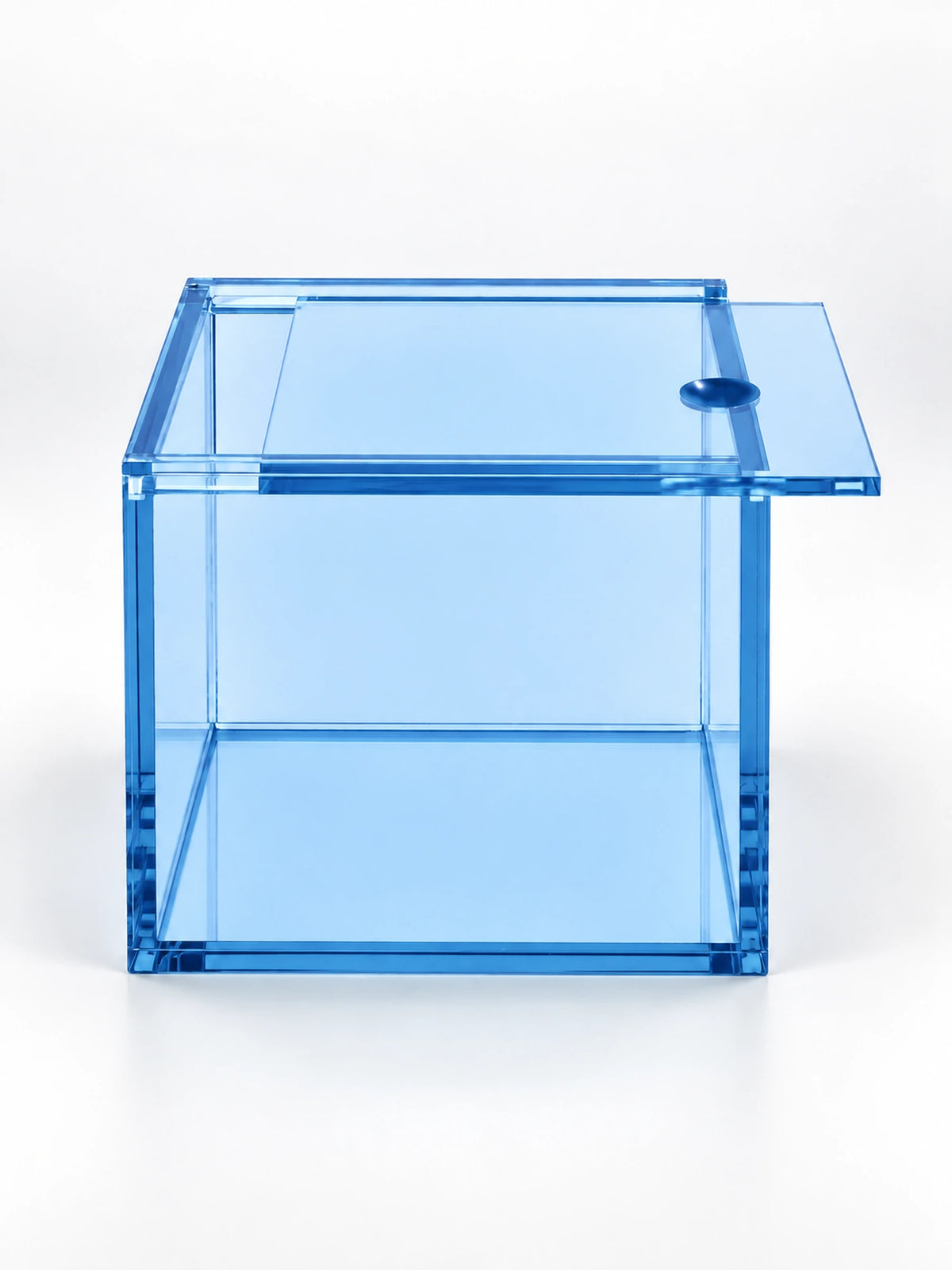 
light blue tinted acrylic storage box with sliding lid, studio view