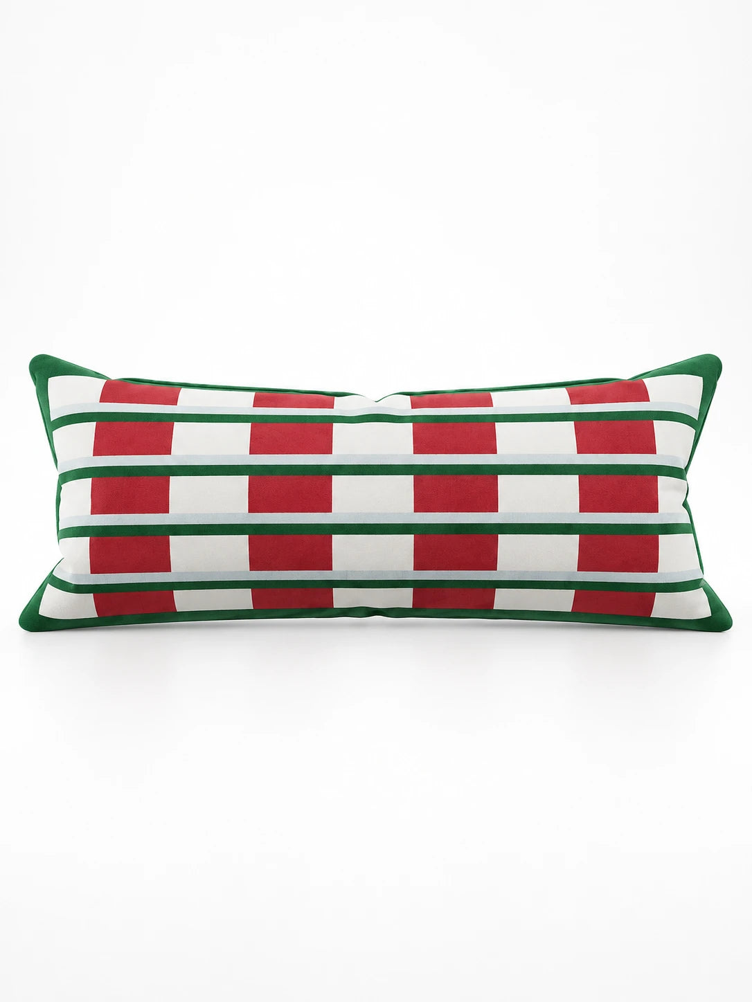 
White lumbar pillow with red blocks crossed by green and pale blue stripes and a green border