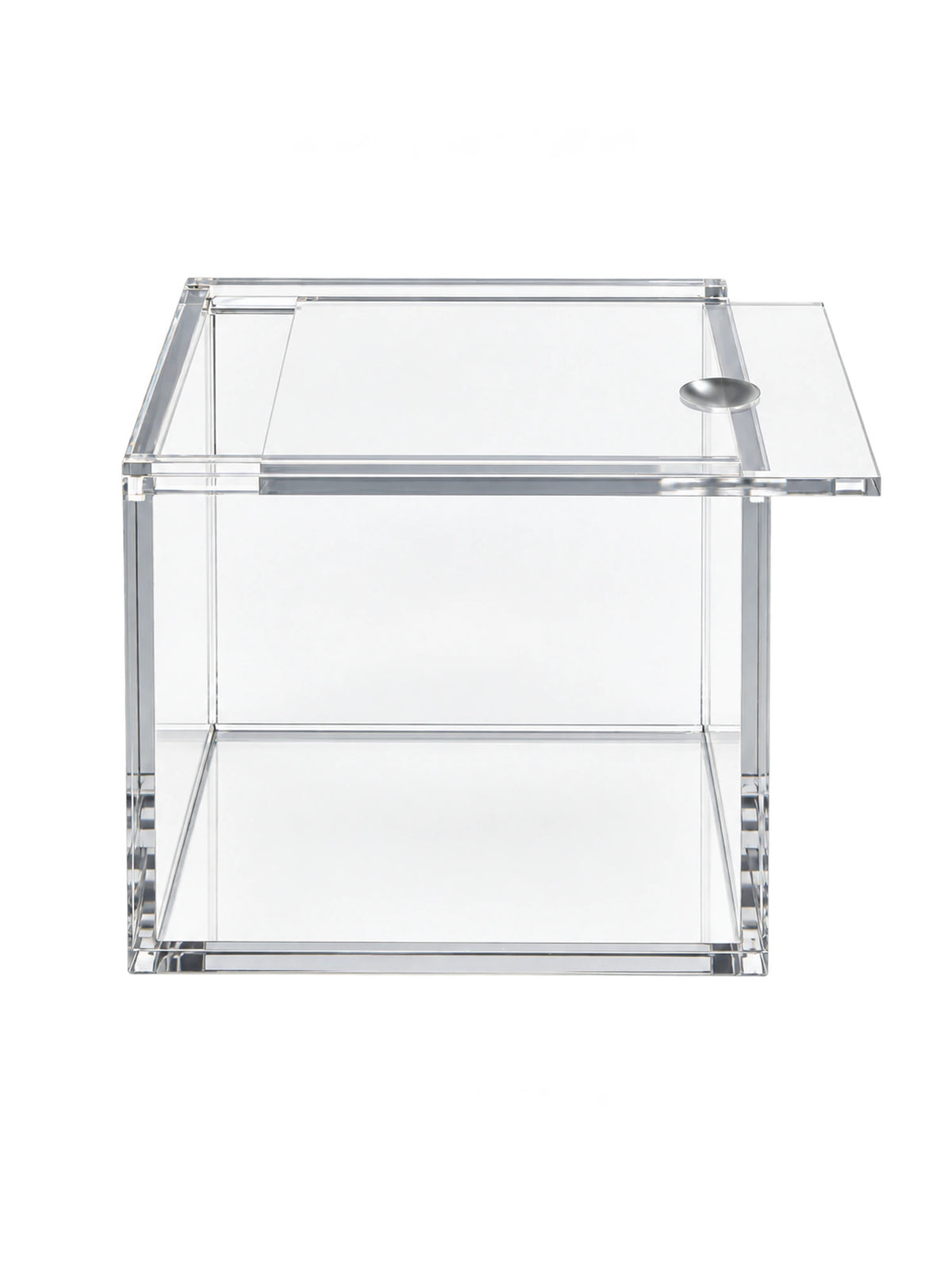 
crystal clear acrylic storage box with sliding lid and silver knob, studio view