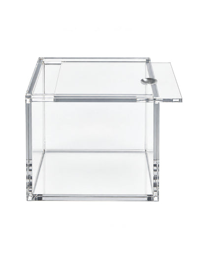 crystal clear acrylic storage box with sliding lid and silver knob, studio view