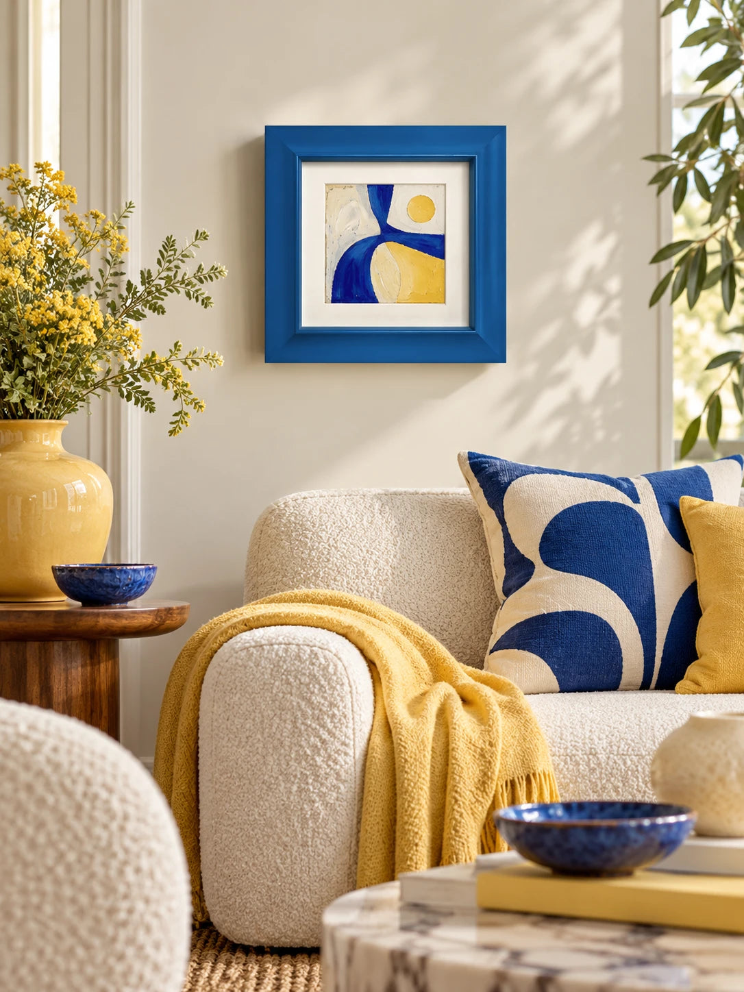 blue wood frame with blue and yellow abstract above a cream boucle sofa