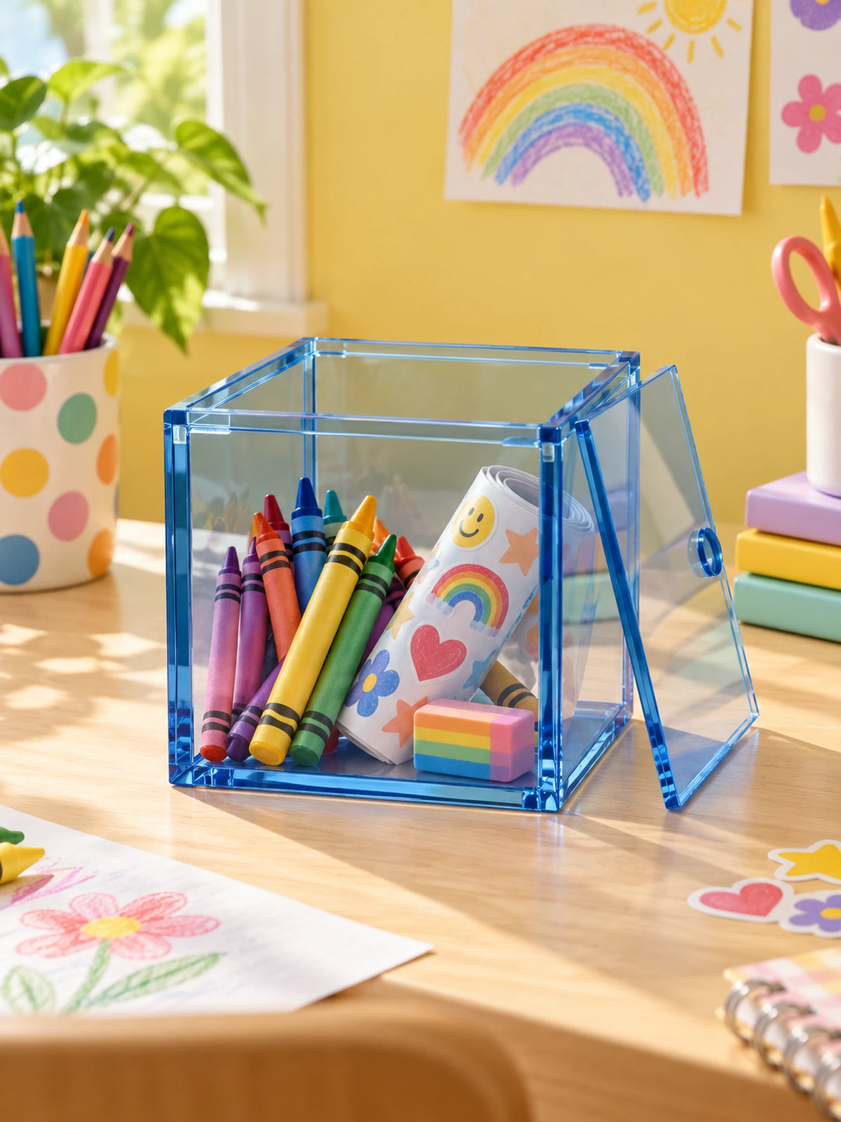 light blue acrylic box holding crayons and stickers on a craft desk
