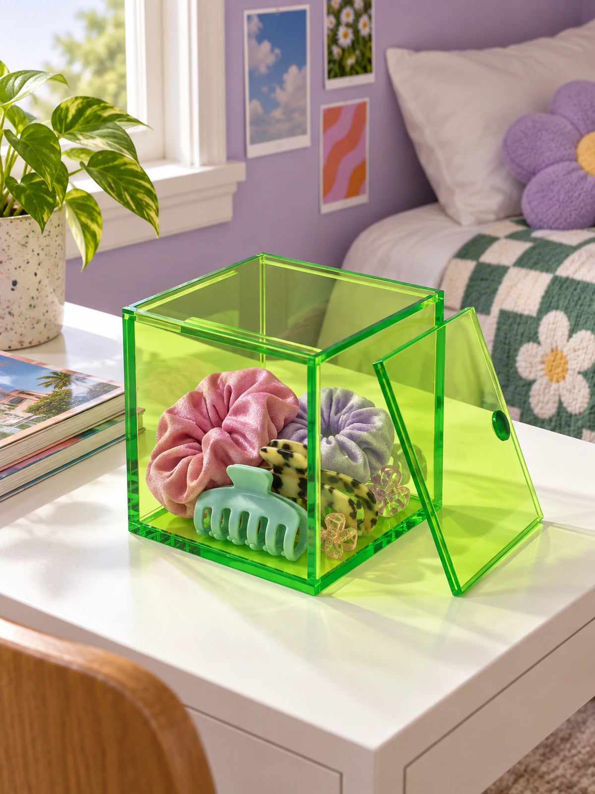 green acrylic box with scrunchies and hair claws on a white nightstand
