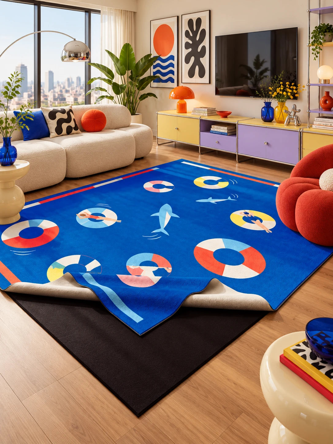 
Swim ring area rug in front of a cream sofa and lilac media console, with a red bubble chair and city window