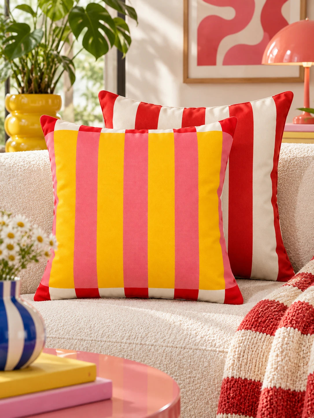 Yellow and pink cabana stripe pillow beside a red striped pillow on an armchair