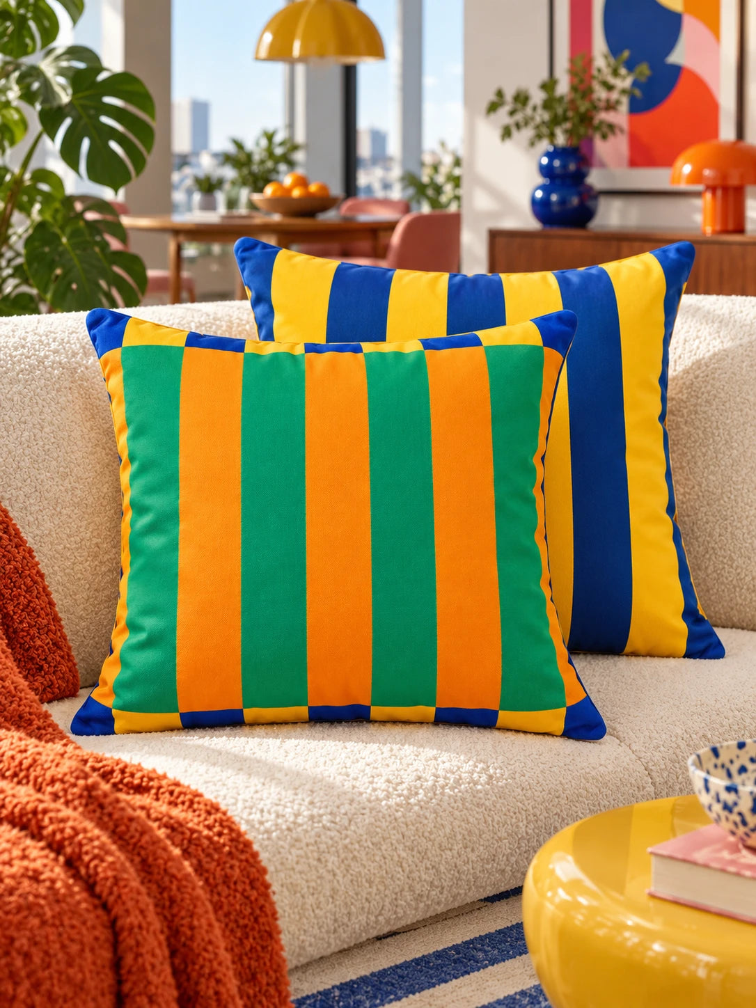 Teal and orange striped pillow with blue and yellow striped pillow on a cream sofa