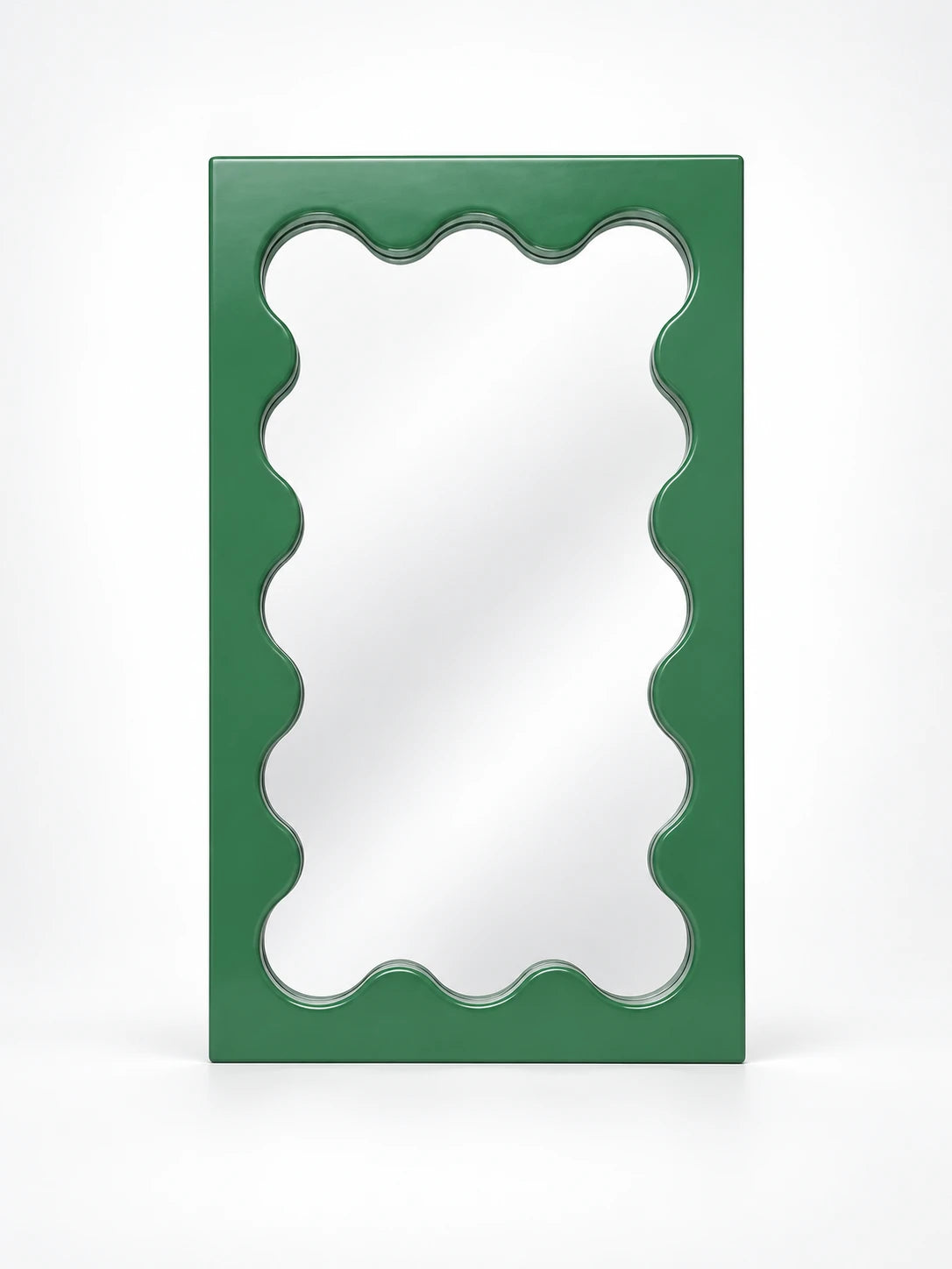 Avocado green solid wood vanity mirror with scalloped inner border