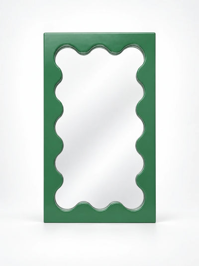 Avocado green solid wood vanity mirror with scalloped inner border