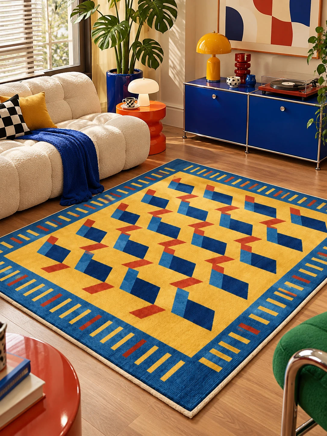 Yellow geometric rug beside a cream sofa with blue throw and navy record cabinet