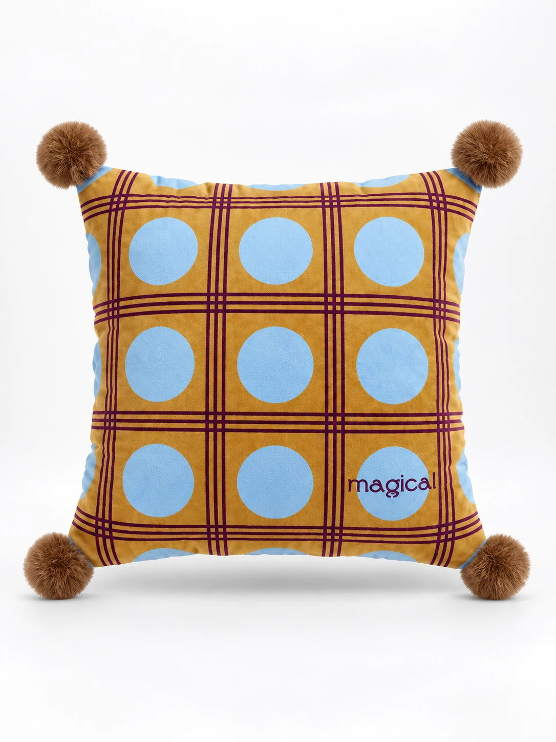 
Square mustard throw pillow with light blue polka dots, a plum plaid grid and brown pompom corners