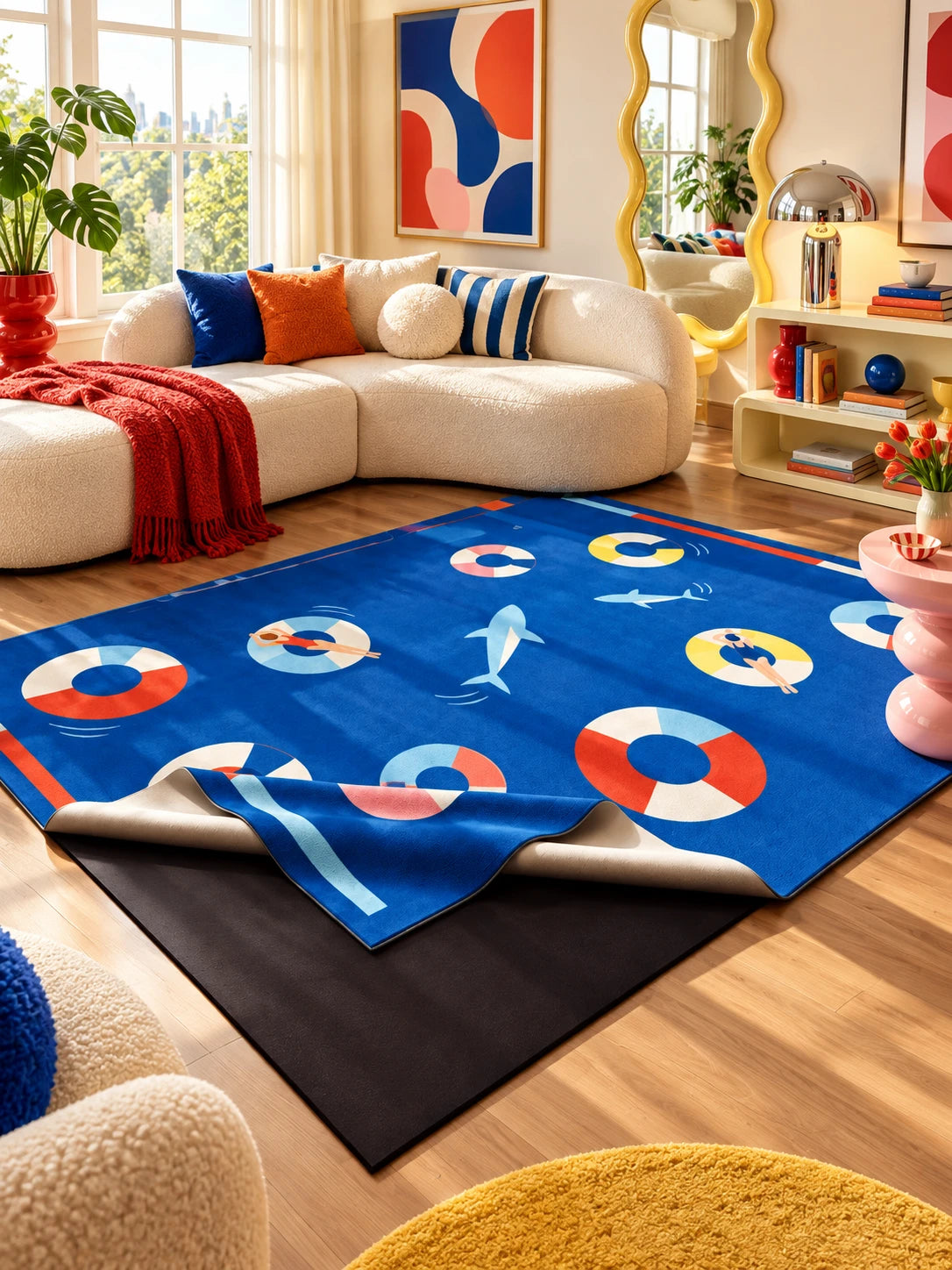 
Pool party area rug under a cream curved sofa with a wavy yellow mirror and red throw in a sunny living room