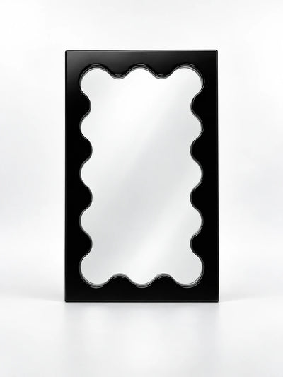 Black solid wood vanity mirror with wavy scalloped inner frame