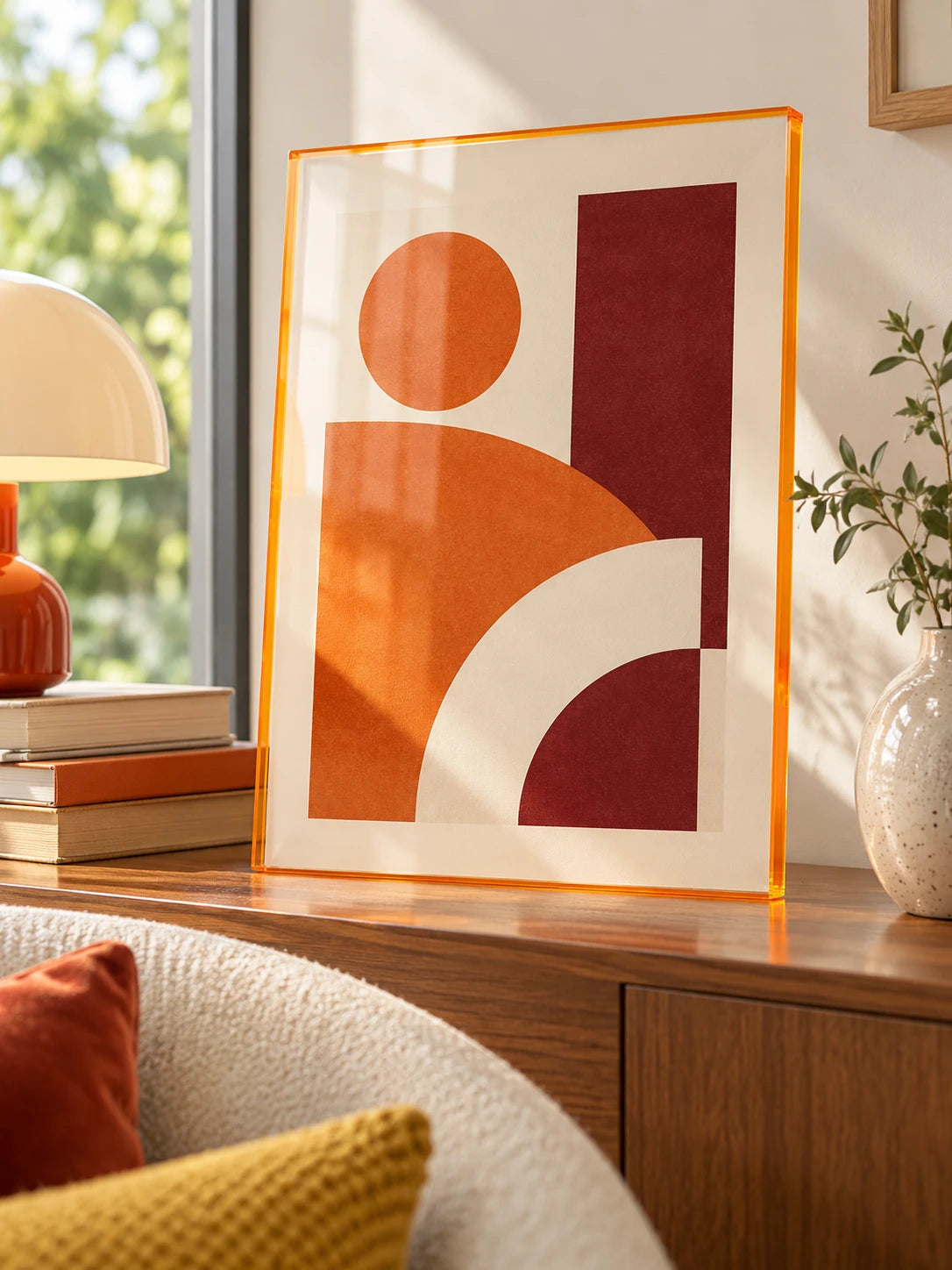 orange acrylic poster frame with terracotta abstract print on a wood sideboard