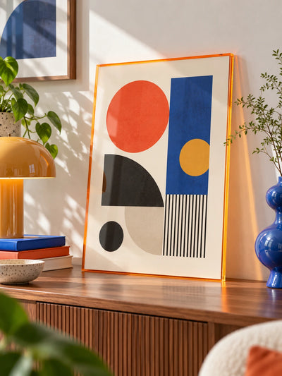 orange acrylic frame with geometric shapes print on a walnut sideboard