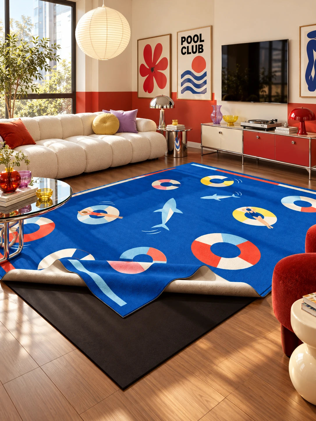 Swim ring area rug in a red-and-cream living room with a tufted cream sofa, glass coffee table and TV