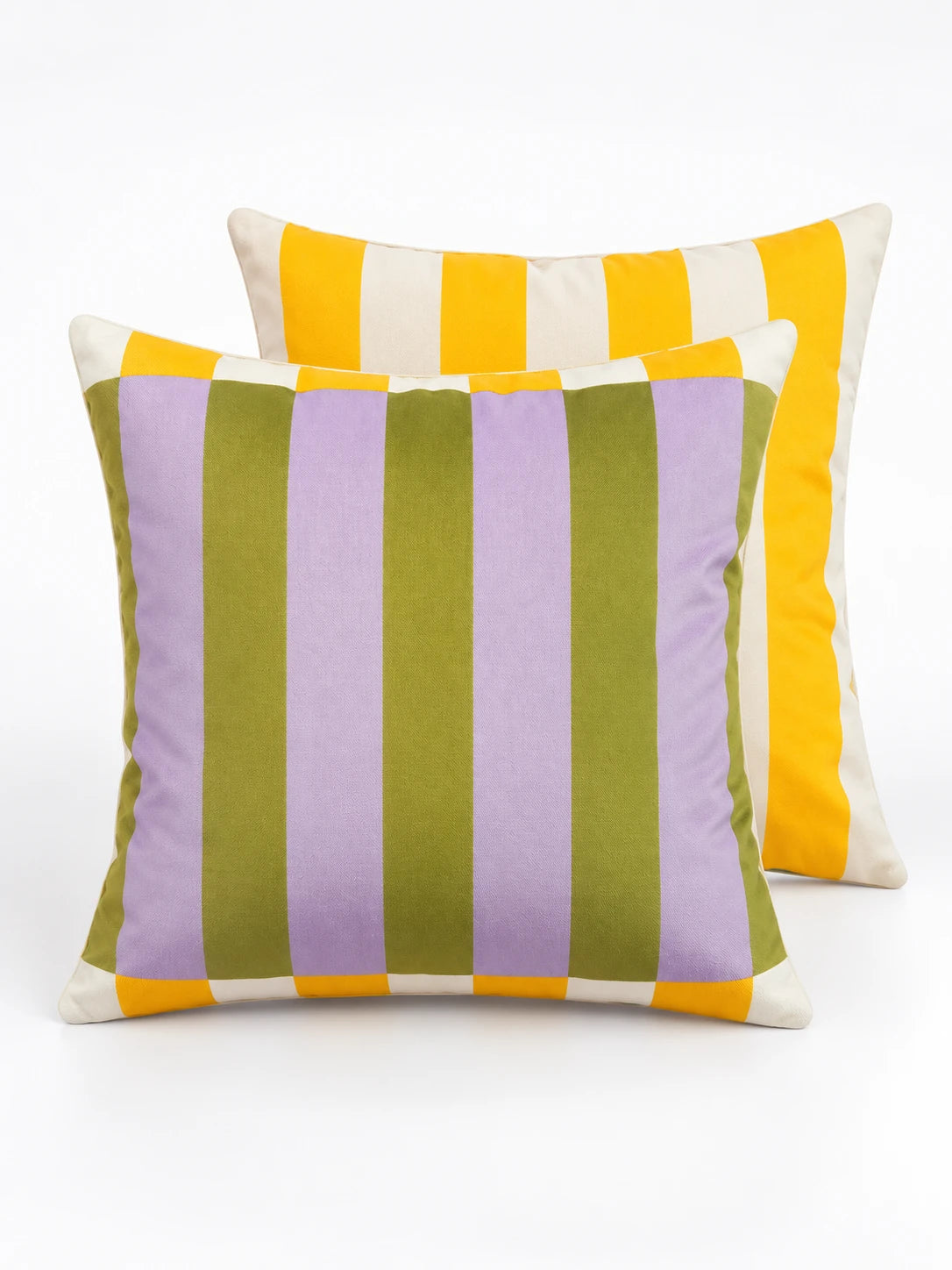 Cabana stripe pillow in olive and lilac with yellow trim, cream striped pillow behind