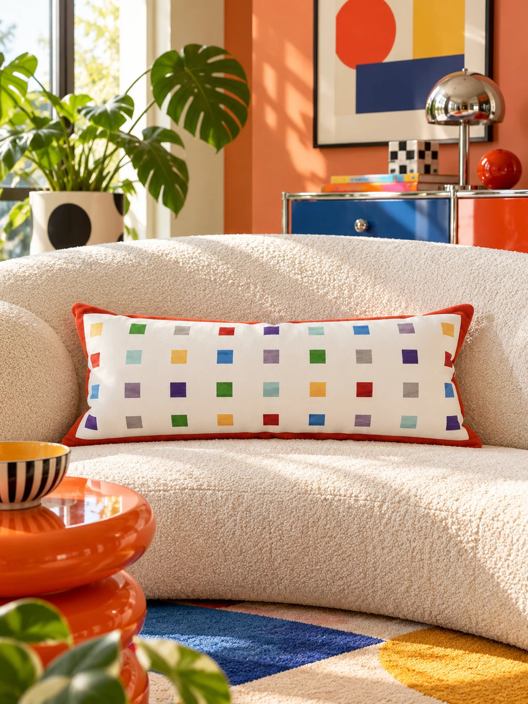 Rainbow squares lumbar pillow with a red border on a curved cream boucle sofa by an orange side table