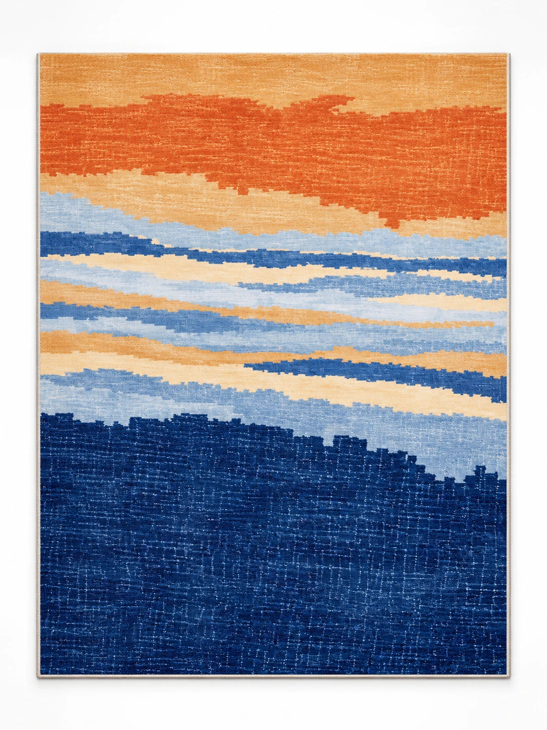 Gradient stripe area rug in cobalt, sky blue, sand and burnt orange, flat product view
