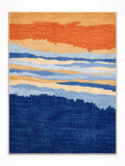 Gradient stripe area rug in cobalt, sky blue, sand and burnt orange, flat product view