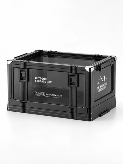 black collapsible storage crate with clear latched side doors, studio shot on white