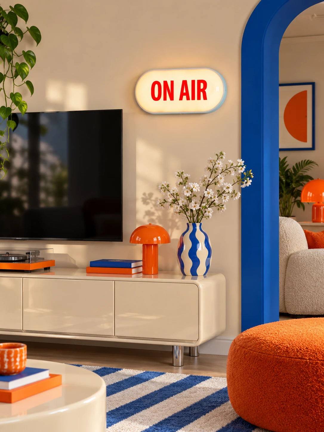 ON AIR light box above a TV console with orange mushroom lamp and blue arched doorway