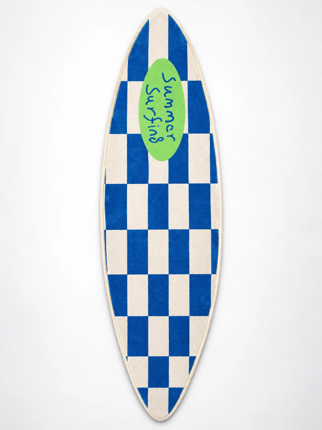 Surfboard-shaped rug with blue and cream checkerboard and green Summer Surfing badge, flat view