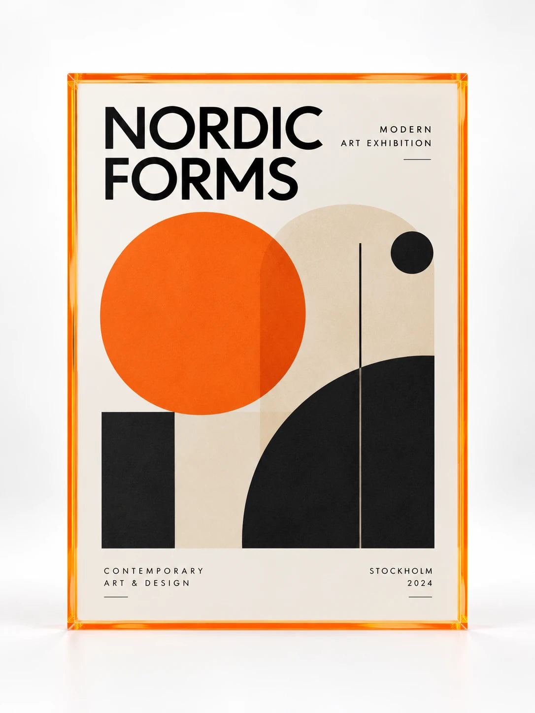 
orange tinted acrylic poster frame with abstract exhibition print, studio view
