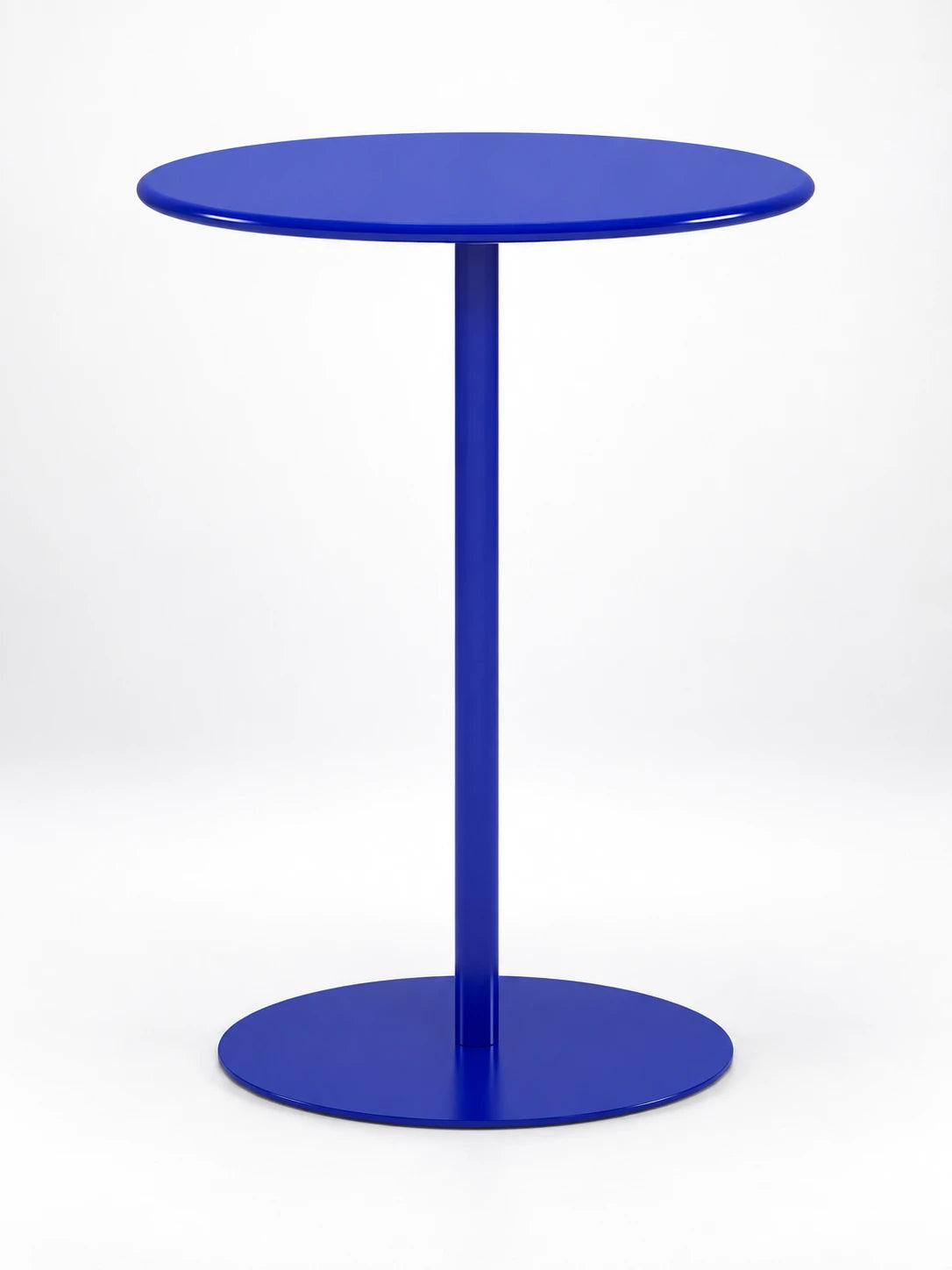 
cobalt blue round pedestal side table with a flat disc base, studio shot on white