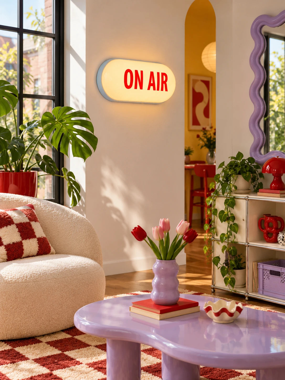 ON AIR capsule sign by a window beside a lilac wavy mirror and purple coffee table