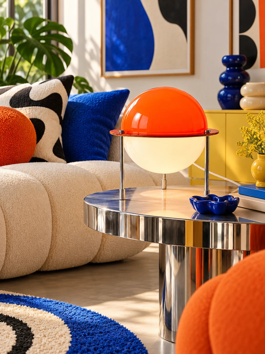 Orange space age lamp on a chrome drum coffee table beside a cream boucle sofa