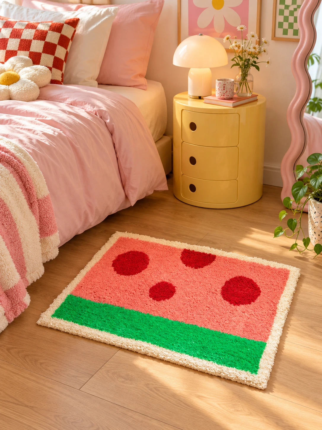 watermelon flocked mat beside a pink bed with a yellow round nightstand