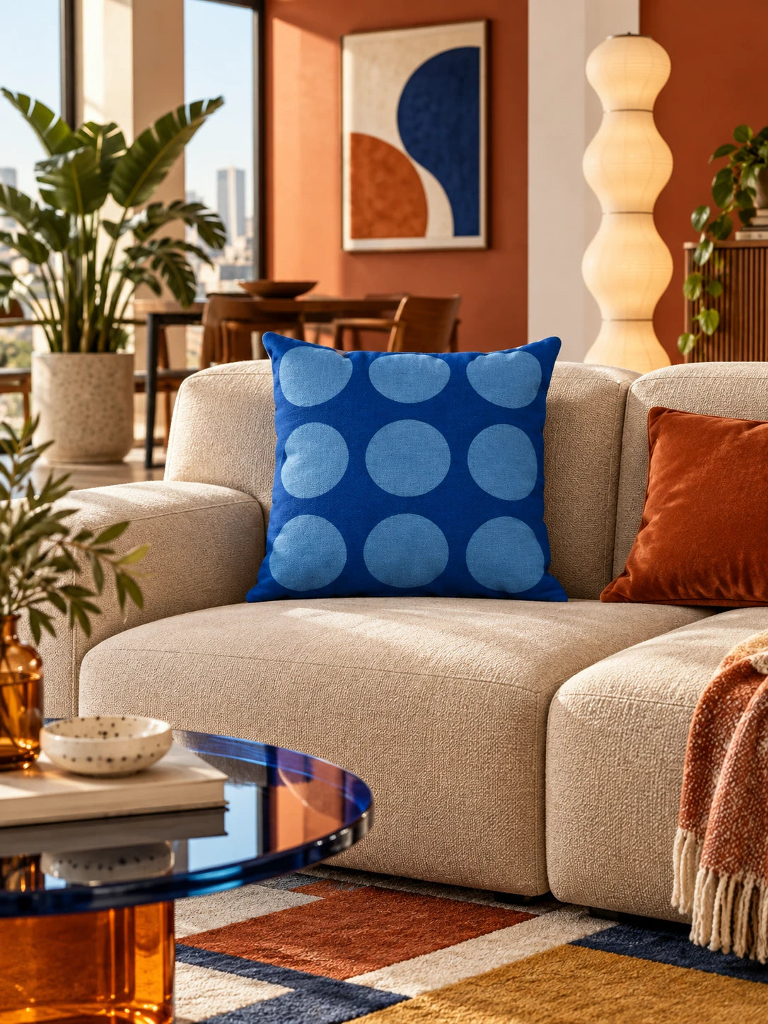 blue dot-grid pillow styled in a colorful living room corner