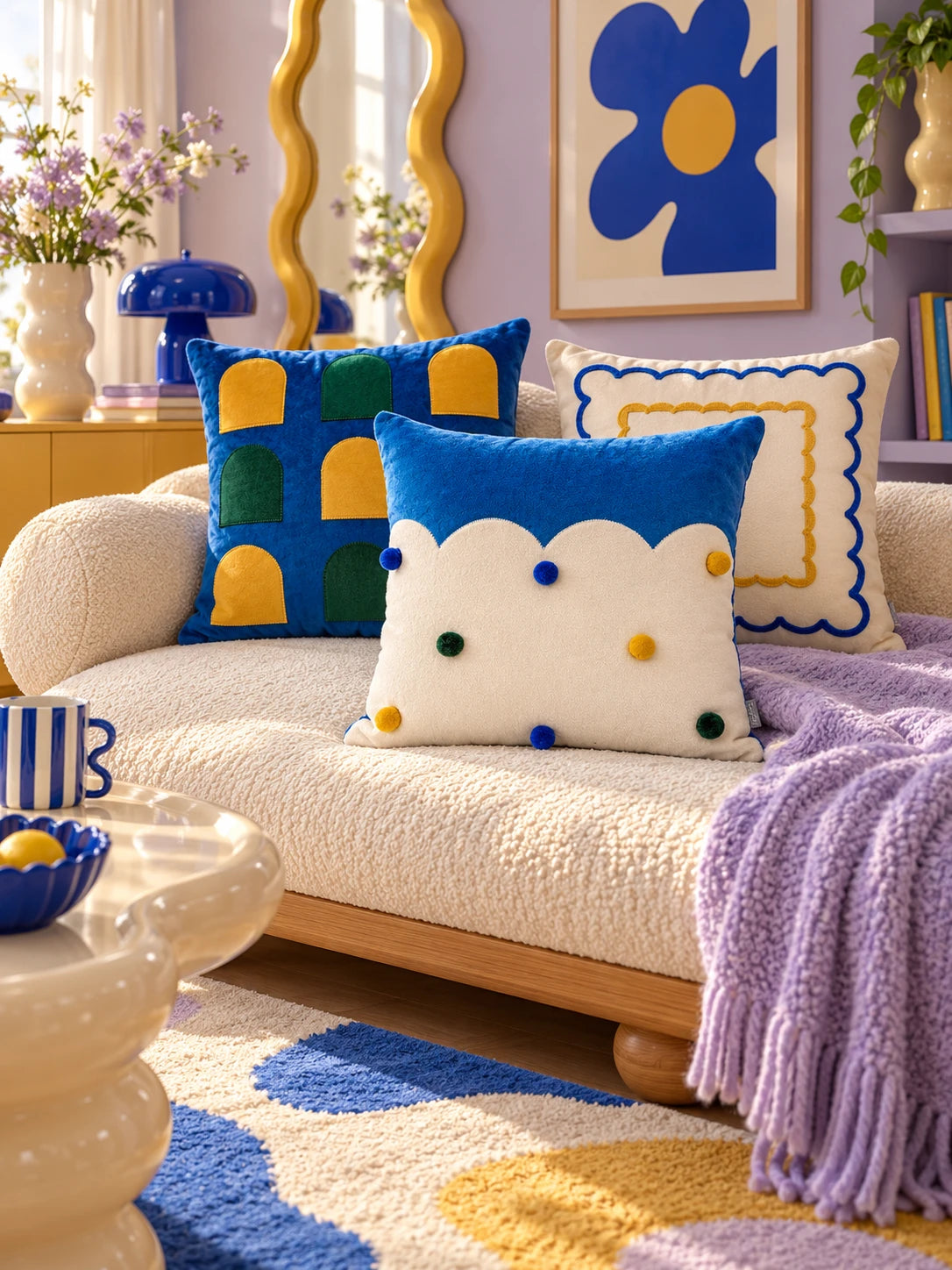 Three cobalt, cream and yellow throw pillows on a cream boucle sofa in a lilac room with a wavy mirror