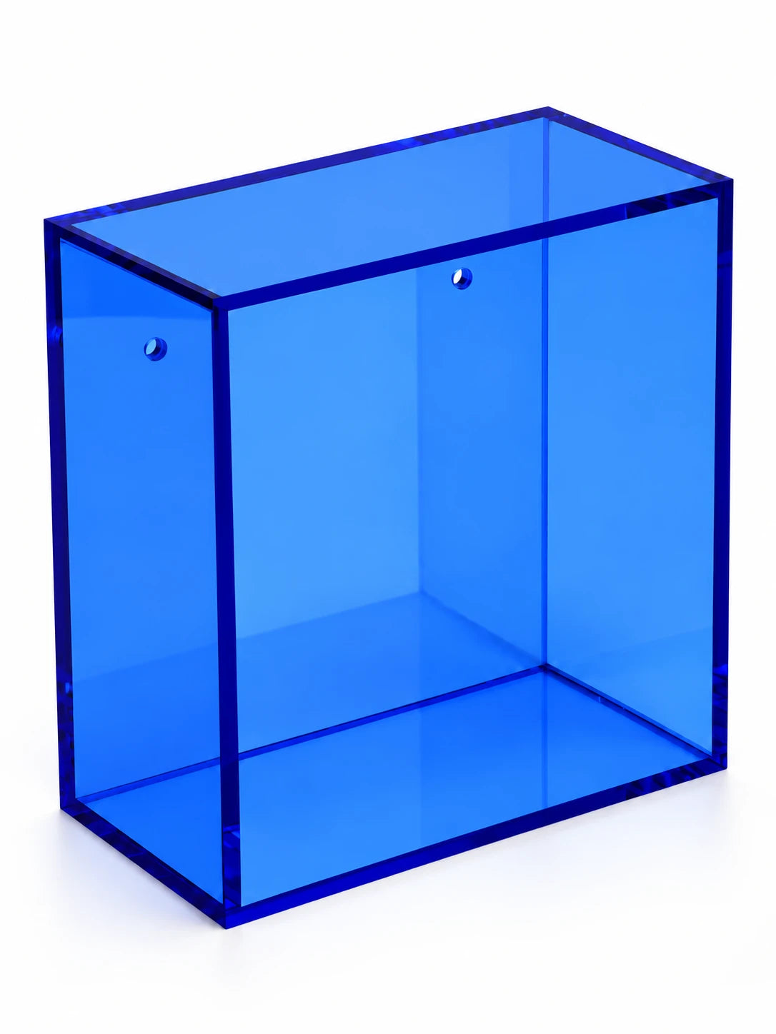 
cobalt blue tinted acrylic wall display box with mounting holes, studio view
