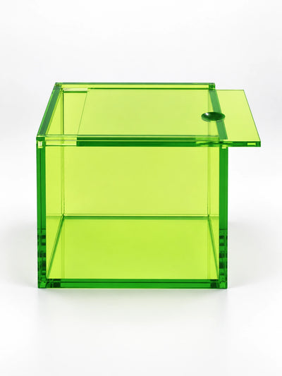 green tinted acrylic storage box with sliding lid and round knob, studio view