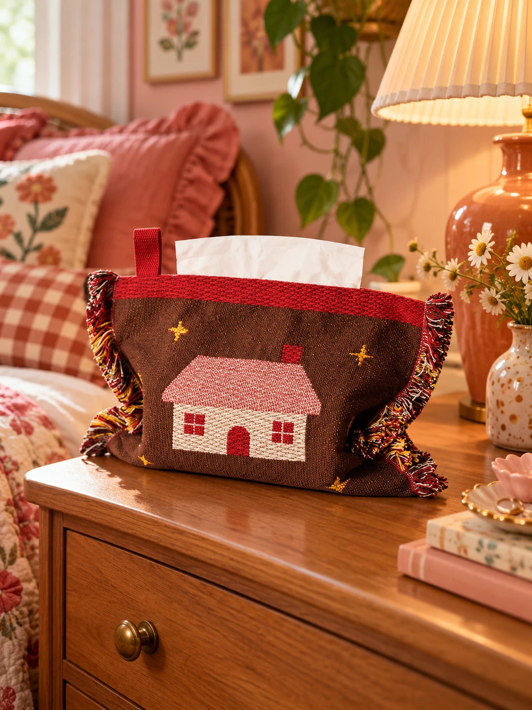 brown cabin knitted tissue pouch on a bedroom nightstand
