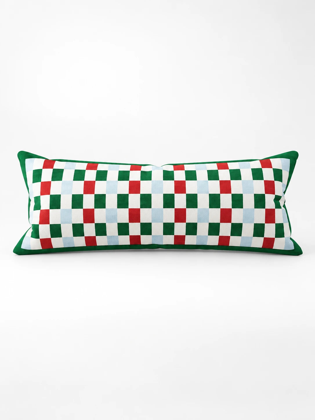 
Long lumbar pillow with a red, green and pale blue checkerboard grid and a green border, studio shot