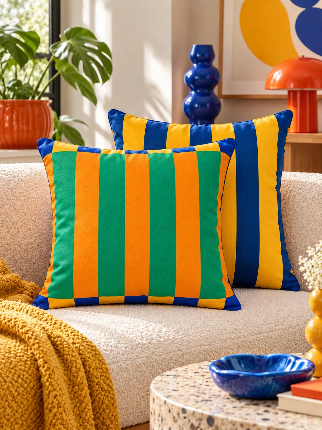 Teal and orange cabana pillow with navy and yellow pillow on a sofa with mustard throw