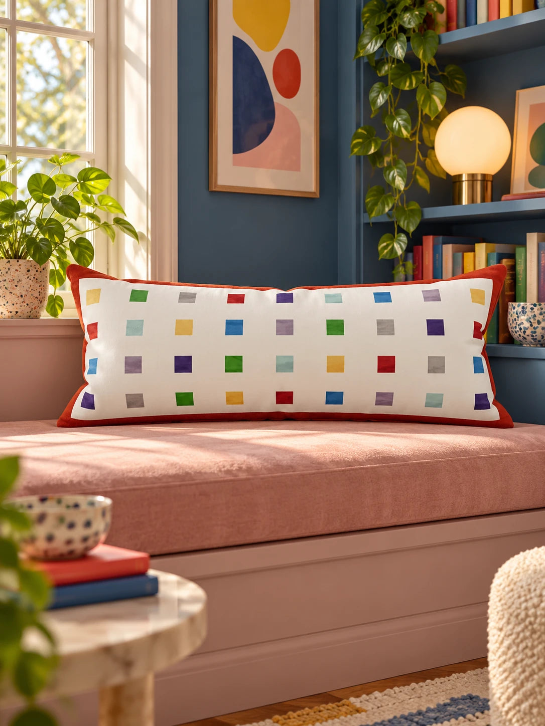 Rainbow squares lumbar pillow on a pink window seat beside navy bookshelves and a globe lamp