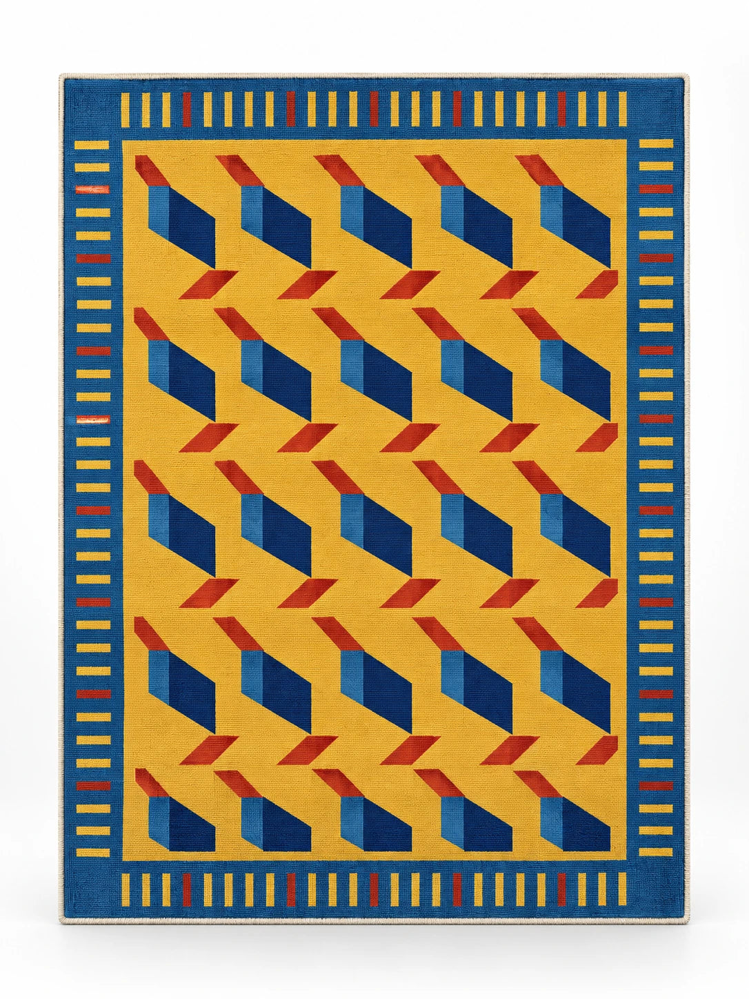 Geometric rug with blue folded-ribbon motifs on marigold yellow field and cobalt striped border