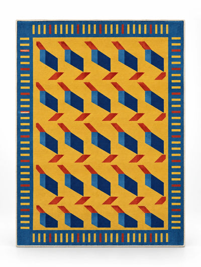 Geometric rug with blue folded-ribbon motifs on marigold yellow field and cobalt striped border